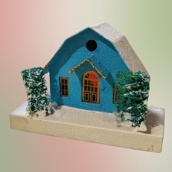 Vintage 1950s Christmas Japanese Putz House Blue Cardboard Cottage - Picture 1 of 4